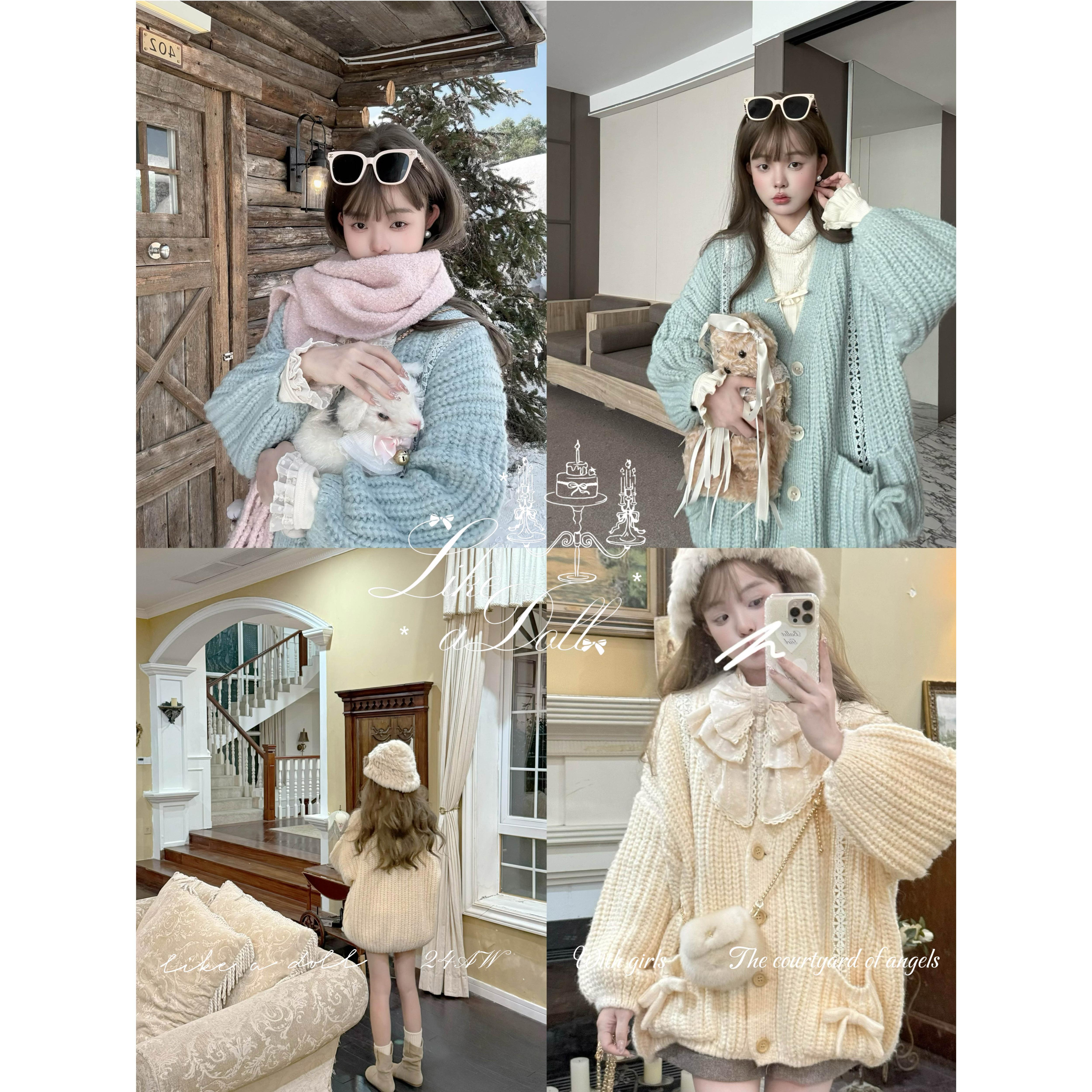 DOLL原创 -洛特可可-宽松慵懒感V领毛衣外套女冬季百搭针织开衫