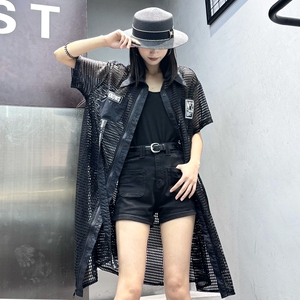 时尚防晒女士宽松显瘦黑色网衫中长款个性外套短袖拼接2024新品潮