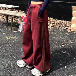 加绒卫裤女宽松显瘦纯棉松紧腰阔腿裤条纹运动休闲裤红色长裤冬季