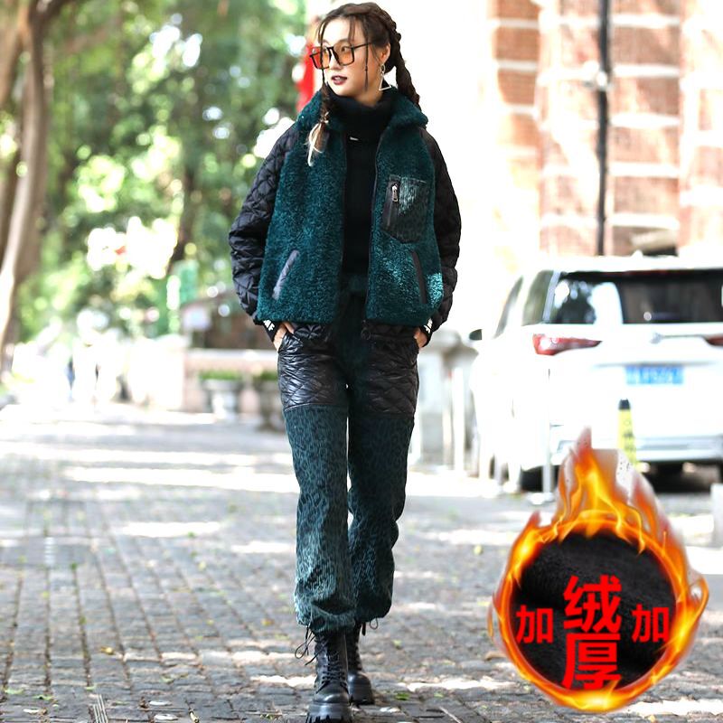 时尚套装女士羽绒服绿色加厚羊羔毛拼接外套加绒长裤2023冬季新品