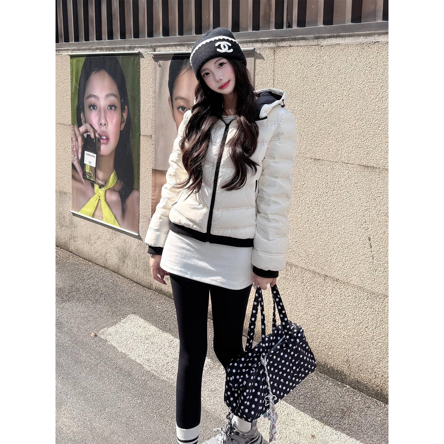 韩系穿搭小个子连帽排骨羽绒棉服