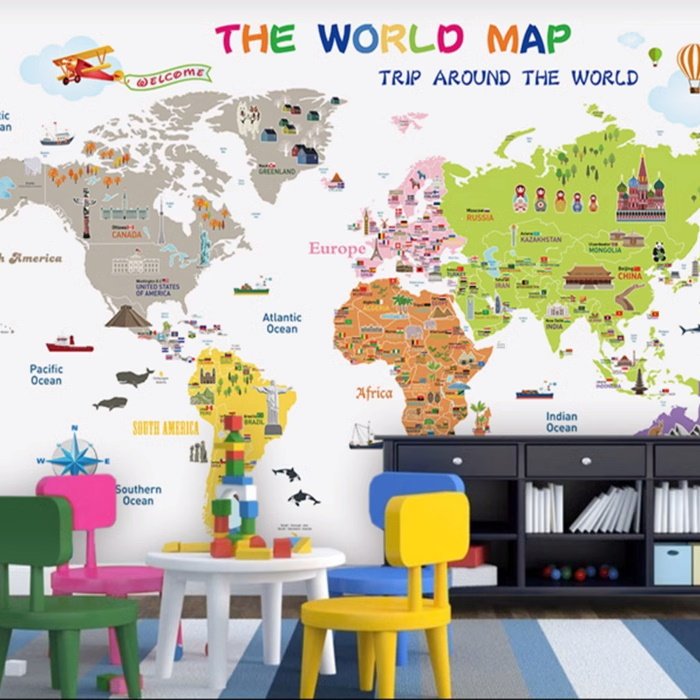 手绘卡通世界地图儿童房背景墙启蒙中心卡通热气球海洋墙纸壁画