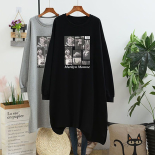 T恤裙女士宽松胖MM200斤中长款 韩版 棉质大码 长袖 开叉连衣裙春 秋季