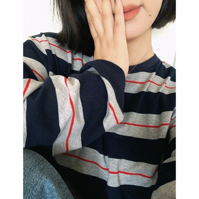 慵懒风撞色条纹圆领长袖T恤韩系