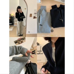 XFYSTYLE_韩系立领拉链针织开衫女早秋粗线毛衣宽松百搭短款外套