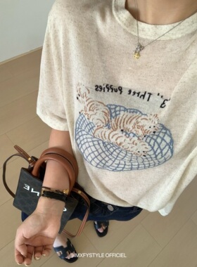XFYSTYLE_卡通图案天丝亚麻短袖针织衫女夏圆领宽松休闲百搭上衣