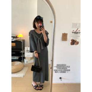 XFYSTYLE_纸片人既视感 慵懒七分袖 条纹披肩直筒针织连衣裙