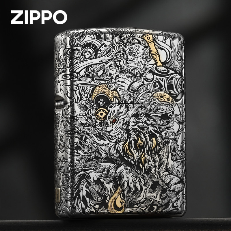 zippo打火机正版煤油防风 错金银鸿运门神重甲雕刻男士送礼收藏zp