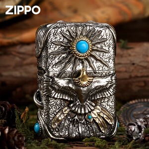 zippo打火机烈日雄鹰印第安绿松石正品防风煤油打火机男士送礼zp