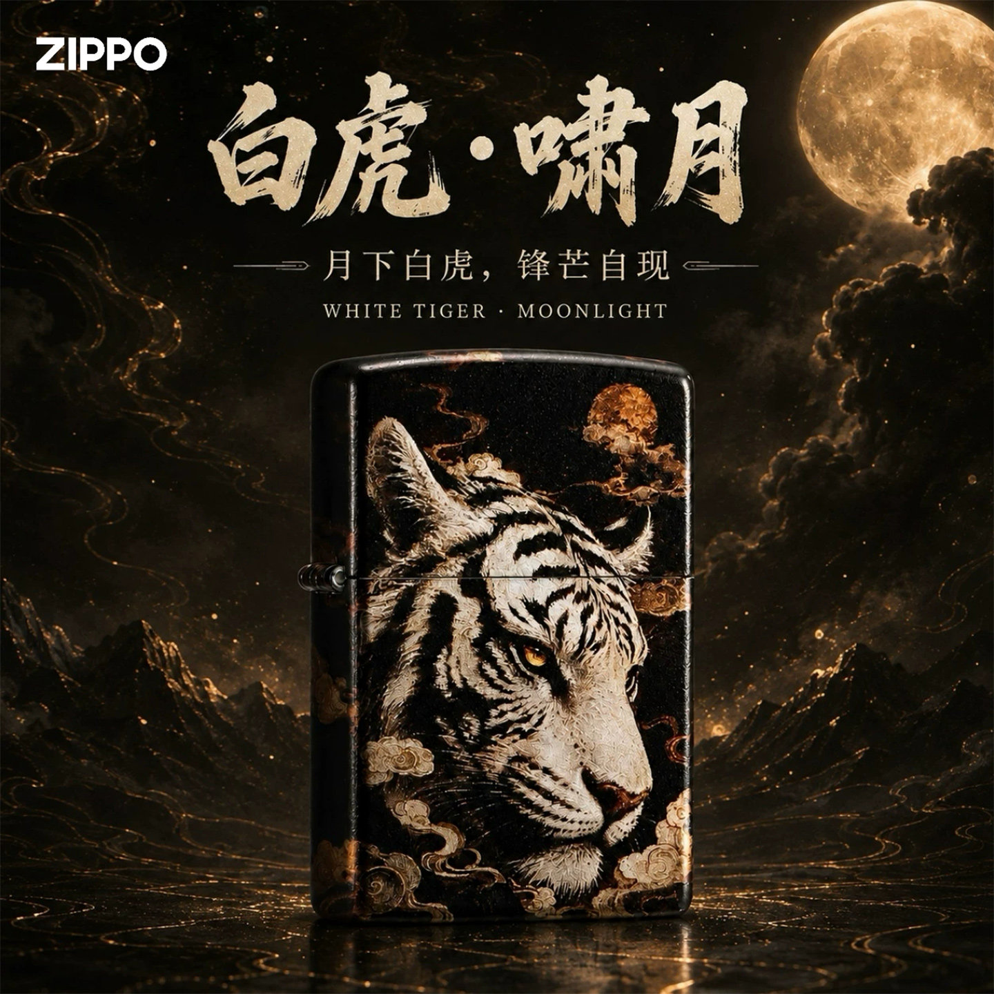正版Zippo打火机彩印玄月山君猛虎下山煤油防风送礼男友高档定制
