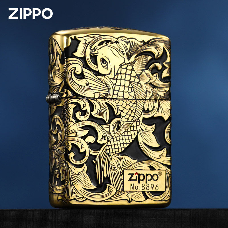 zippo打火机煤油防风芝宝铜盔甲蚀刻黑金唐草鲤鱼送男士礼物zp