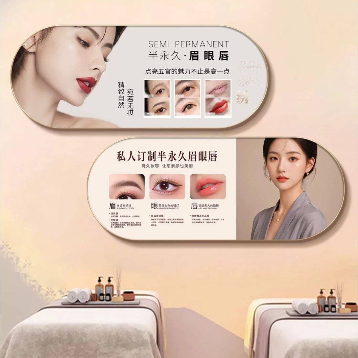 椭圆形半永久纹绣装饰挂画眉眼唇美甲美睫美妆美容院背景墙壁挂画