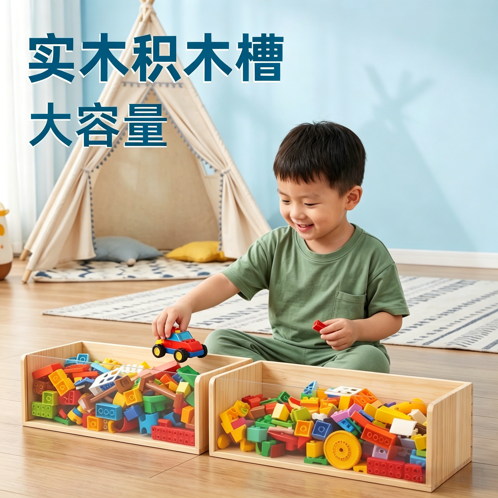 幼儿园松木积木墙壁挂收纳槽