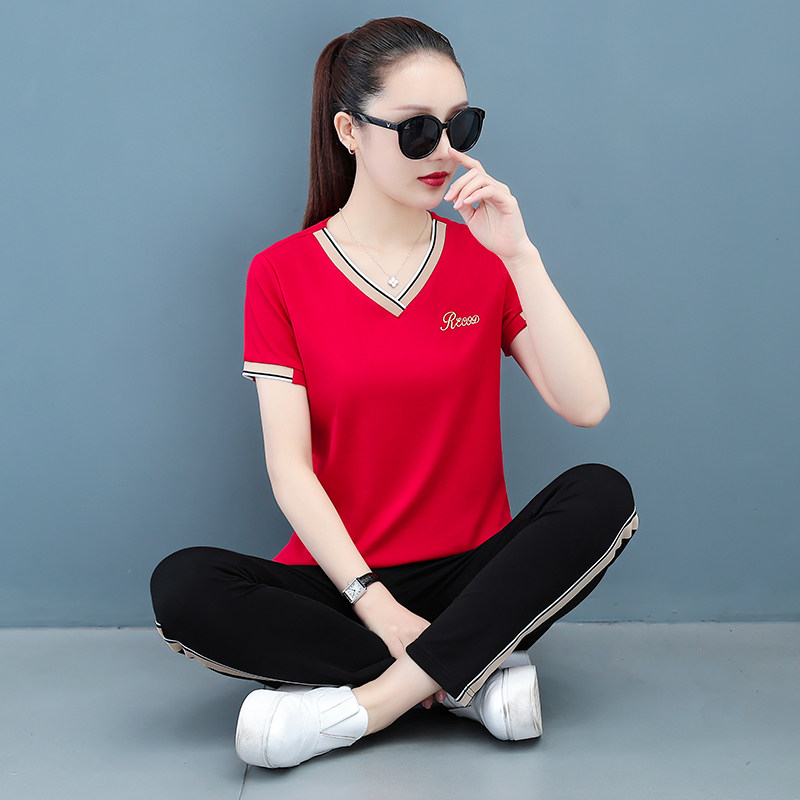 纯棉运动服套装女士2024夏季韩版V领宽松时尚洋气广场休闲两件套