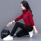 高棉弹力半拉链立领休闲运动套装 洋气刺绣两件套 女春秋卫衣卫裤