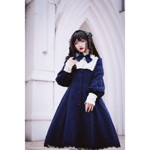 草莓巫女  夏洛克风衣春秋条纹布料Lolita裙日常款