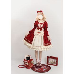 草莓巫女 励木少女圣诞原创新款Lolita草莓刺绣新年op长袖连衣裙