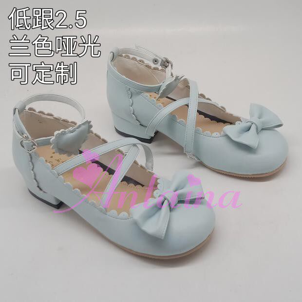 antaina低跟兰色甜美优雅可爱蝴蝶结简约花边交叉带经典设计2238