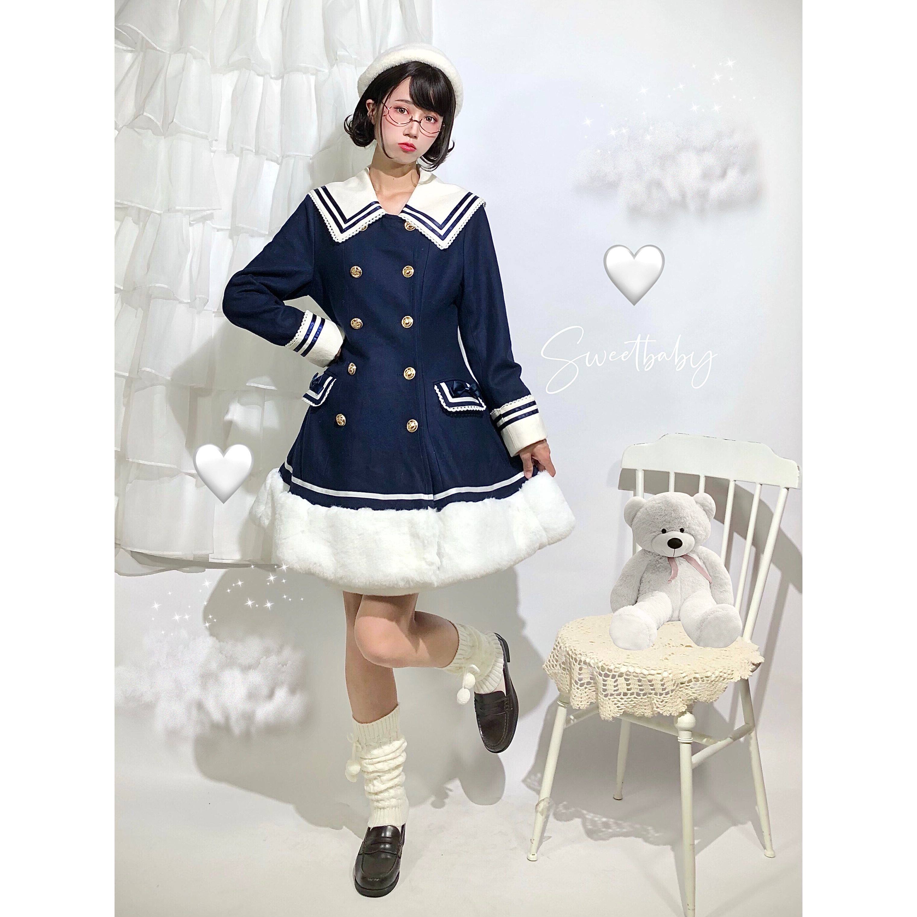 现货 草莓巫女原创复古披肩款海军领Lolita毛呢新年洛丽塔大衣