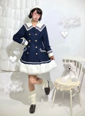 现货 草莓巫女原创复古披肩款海军领Lolita毛呢新年洛丽塔大衣