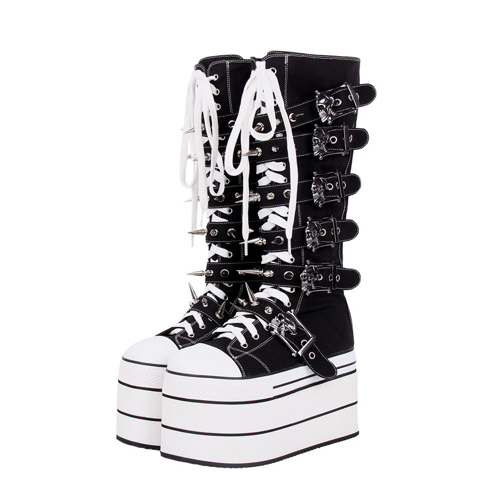 普普家2025新品经典秋冬哥特风朋克靴层次底帆布系带高筒靴M249