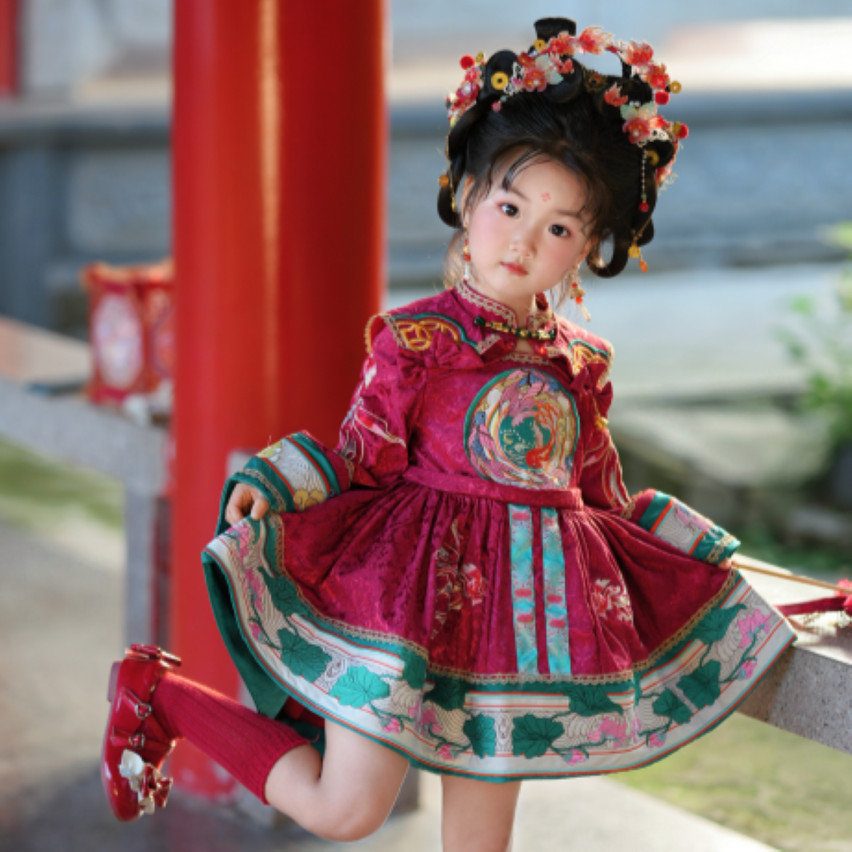 原创大吉大鲤女童连衣裙2025秋冬美新款儿童国庆中秋国风表演礼裙