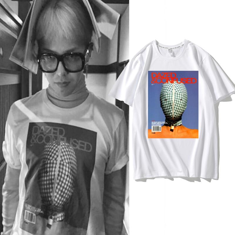 GD权志龙同款短袖杂志蒙面人物印花欧美时尚潮流白色男女T恤