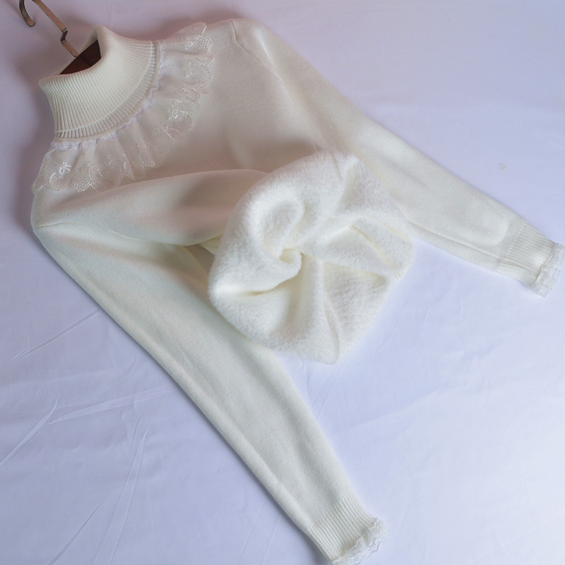 加绒加厚女高领针织衫蕾丝花边长袖套头常规通勤单件保暖打底衫