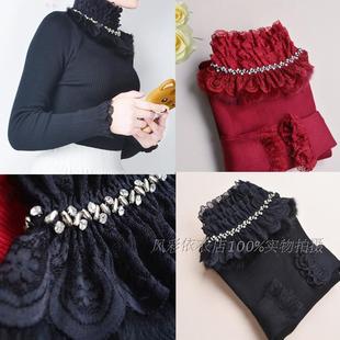 显瘦女款 2021秋冬新款 蕾花边修身 长袖 套头镶钻潮衣 针织毛衣打底衫