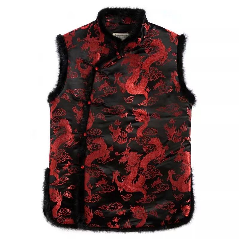 唐装加棉水貂领斜门襟马甲男冬季龙纹印花中式加厚无袖坎肩盘扣,男装,唐装,淘宝优惠券,粉丝福利购,淘宝优惠卷