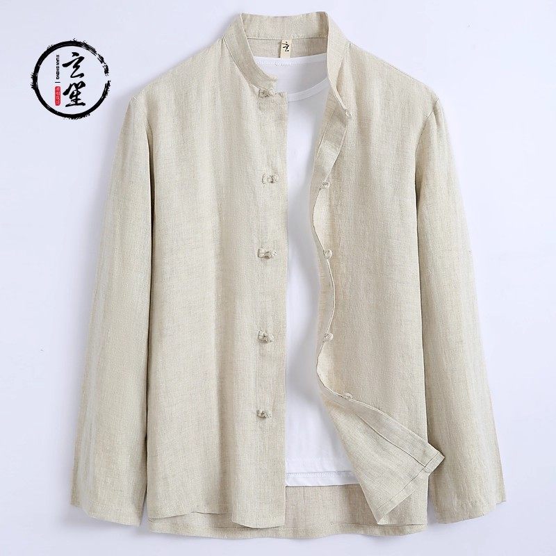 玄笙亚麻长袖衬衫男春秋季新款男装休闲立领男士白衬衣宽松上衣,男装,唐装,淘宝优惠券,粉丝福利购,淘宝优惠卷