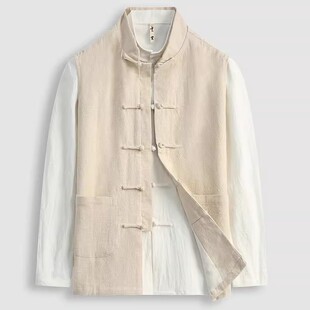 夏薄款棉麻中国风唐装男式马甲夹汉褂盘扣苎麻背心坎肩开衫上衣男