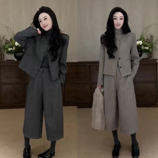简约高级感时尚套装女2026秋冬季新款马甲+阔腿裤毛呢两件套装潮