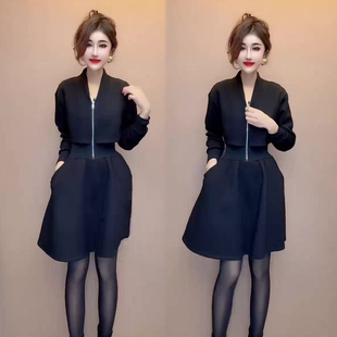 净版拉链高腰连衣裙女冬季新款网红同款空气棉韩版洋气女裙中长裙
