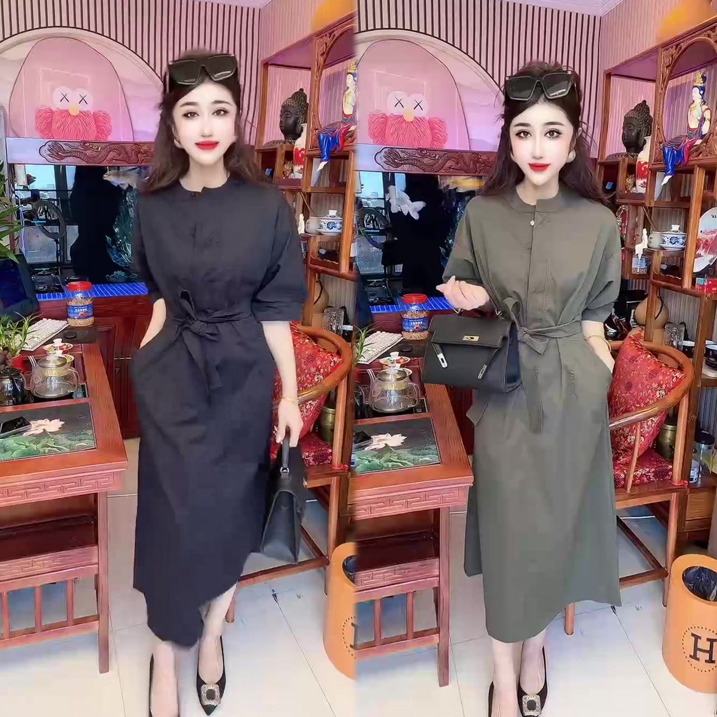 休闲风绑带工装裙女2026春季半袖连衣裙高腰显瘦时尚韩版气质长裙