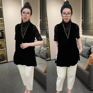 上衣 宽松显瘦百搭高级感砍袖 黑色时尚 复古丝绒马甲女2024早秋新款