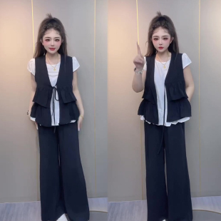 时髦洋气三件套女2026春夏季新款荷叶边马甲+短袖+阔腿裤时尚套装