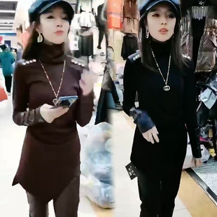 长袖 拼皮纽扣打底衫 t恤女韩版 显瘦高领套头中长款 潮 修身 网红同款