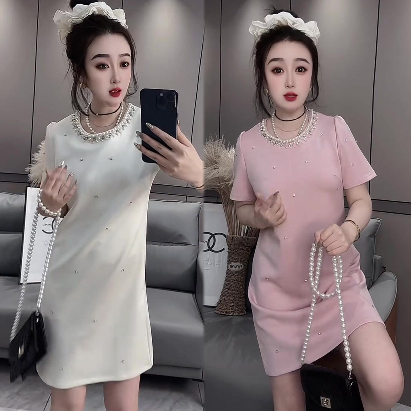 轻奢重工钉珠连衣裙女2026春季新款韩版洋气减龄中长裙短袖女裙子