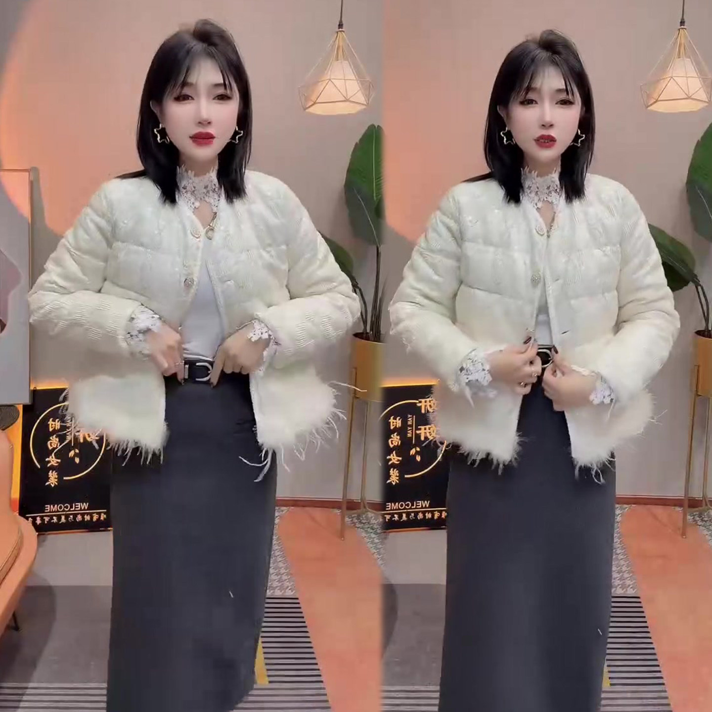 重工亮片毛毛拼接棉服女