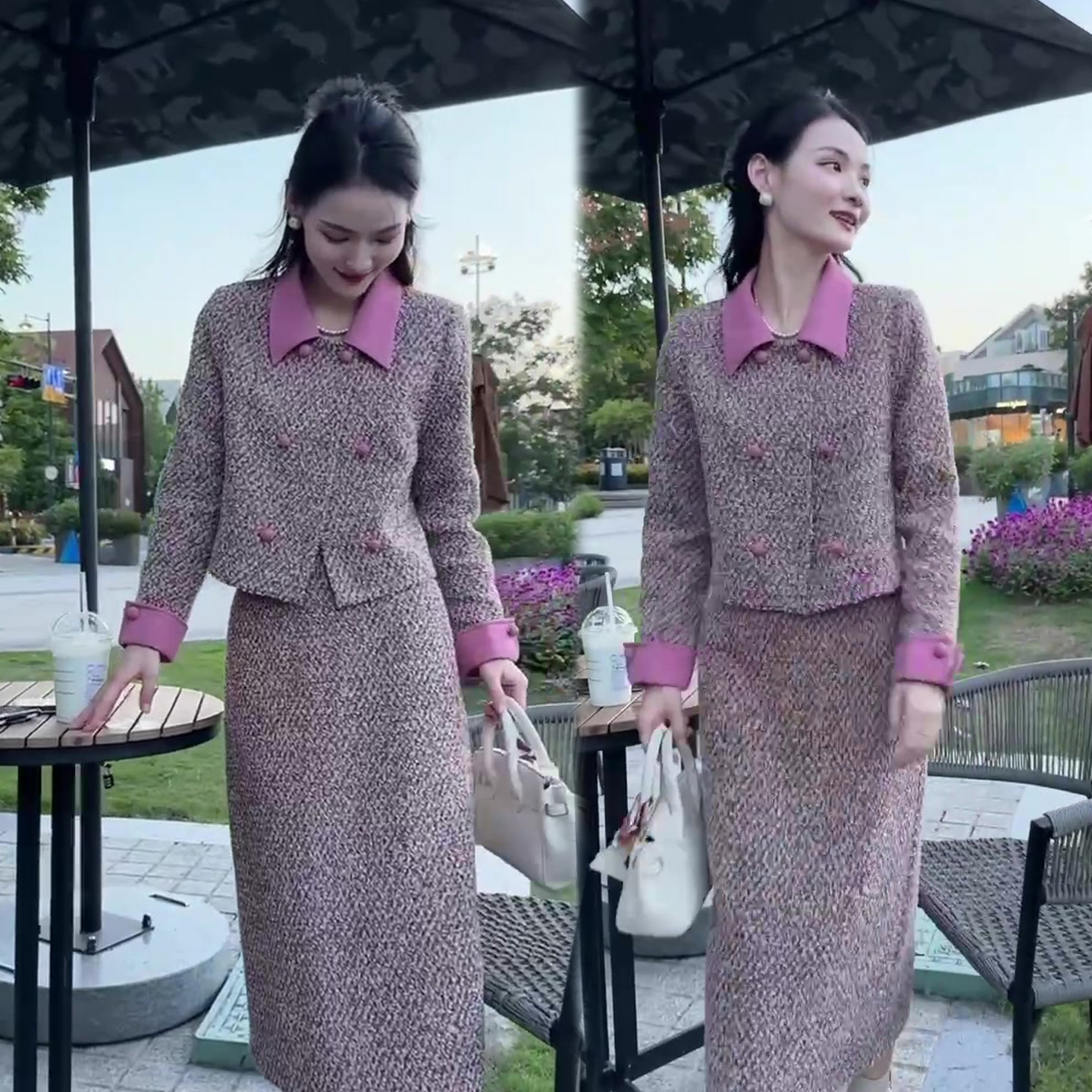 粉色减龄时尚套装女2025秋季新款拼接翻领短外套+半身长裙两件套