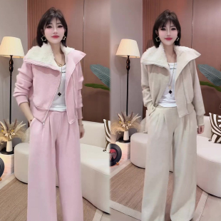 甜美洋气时尚套装女2026秋冬季新款羊羔毛拼接外套+裤子两件套装