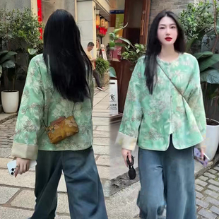 宽松遮肉显瘦民族风欧洲站时尚 新款 上衣 绿色重工外套女冬季 新中式