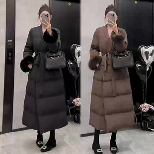 网红同款时尚百搭中长款棉服女冬季新款大气收腰显瘦绑带设计棉衣