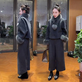 时尚套装女秋冬爆款气质名媛高级感毛毛拼接外套显瘦休闲裤两件套