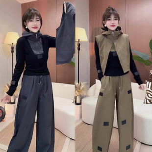 休闲运动风时尚套装女2026秋新款连帽半拉链打底衫+马甲+裤子三件