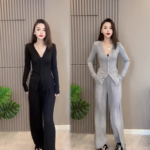 网红爆款时尚套装女2023年春季新款韩版显瘦长袖收腰上衣+阔腿裤