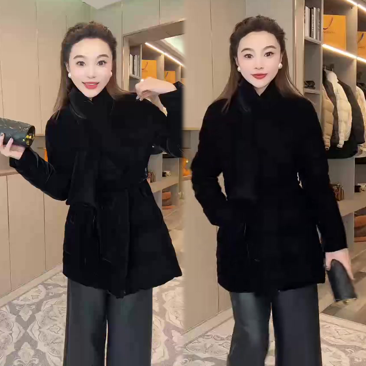 成熟气质丝绒中长款外套女