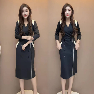 欧货2024春季 气质高档OL连衣裙女V领显瘦遮肉优雅百搭直筒裙 新款