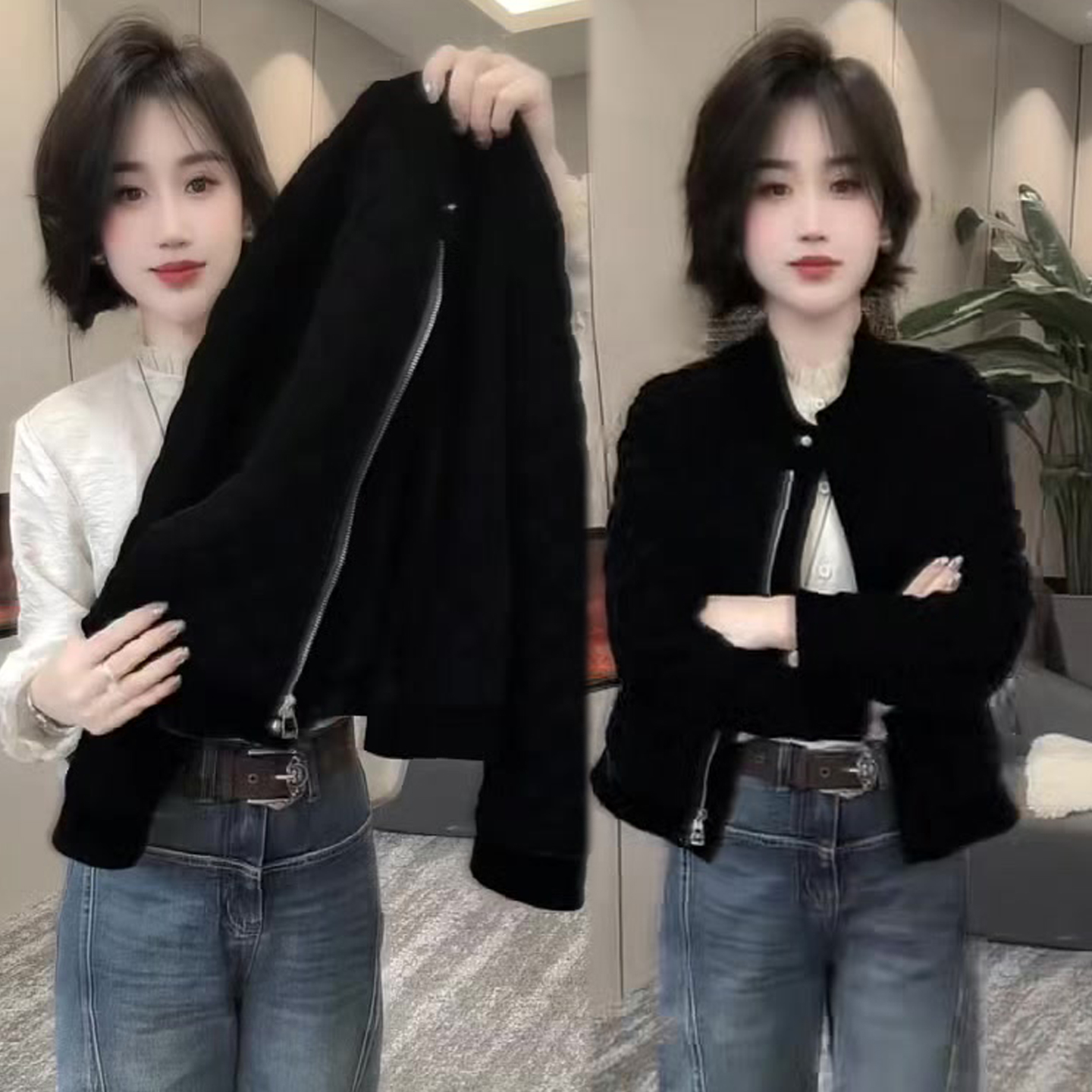 圆领净版拉链丝绒外套女